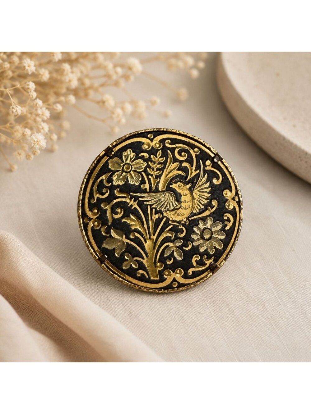 Vintage Gold Inlay Bird Brooch Round Dove Floral Pin by Toledo Spain Damascene